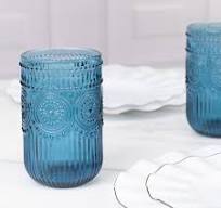 6-Pack Vintage Embossed Glass Tumblers 14oz Highball Design Ocean Blue -  Textured Floral Pattern for Cocktails & Drinks