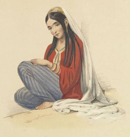 A lady of Kabul (most likely a Qizilbash), 1840 (c). Painting by James Atkinson. Qizilbash were Shia Turkmens of Iran who were settled in Kabul by Nadir Shah Afshar. In Kabul they