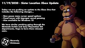 We did not find results for: We Have Pushed A Small Update To Xbox One For Fnaf Sister Location Read Below For More Info Similar Patches Coming To Switch And Ps4 Fivenightsatfreddys