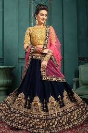 Heavily embroidered lehenga having a combination of two or three embroideries are perfect for a 3d embroidery lehenga is a new favourite among women as it is modern and creates so much. 9000 Velvet Navy Blue Color Embroidery Lehenga Choli With Pink Dupatta