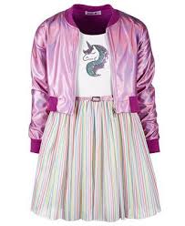 Big Girls 2 Pc Bomber Jacket Rainbow Striped Dress Set