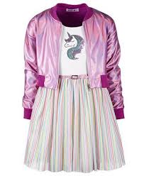 Big Girls 2 Pc Bomber Jacket Rainbow Striped Dress Set