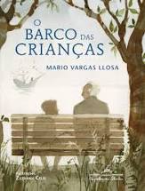 Capa do livro “O barco das crianças”, de Mario Vargas Llosa e Zuzanna Celej, com ilustração de um idoso e um menino de costas conversando em um banco no parque.