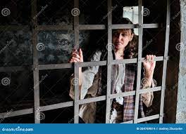 在黑暗的监狱里，一个微笑着悲伤的女囚透过酒吧库存照片. 图片包括有服装, 电池, 女孩, 女性, 城堡- 204789814