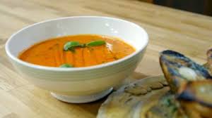 Tomato And Basil Soup With The Best Ever Garlic Bread Recipe Bbc Food Food Processor Recipes Bbc Food Tomato Soup Easy