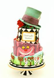 The third tier was wrapped with a lace modeling chocolate garter belt and garnished with modeling chocolate skulls. Kasserina Alice In Wonderland Topsy Turvy Wedding Cake July 2016