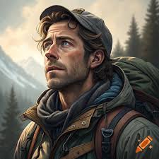 Close-up portrait of a man with a backpack and cap looking up in the rain,  mountains in background