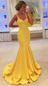 Straps Sleeves Yellow Prom Dress With Tiered Mermaid Party Dress Prom Dresses Yellow Evening Dresses Prom Evening Dresses Long