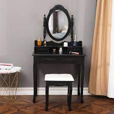 Free shipping on all orders! House Of Hampton Vanities Table With 360 Rotation Oval Mirror And Cushioned Stool 4 Drawers Makeup Vanity Sets Dressing Desks And Benches Elegant Bedroom Dresser Kit For Womens Girls Wayfair