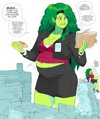 belly big belly big breasts bloated bloated belly dr-worm female  green hair green skin lewdlemage marvel marvel comics muscular muscular  female office lady she-hulk stuffing wide hips 