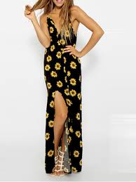 Black Sunflower Print V Back Strap Split Dress Maxi Dress Summer Dresses For Women White Maxi Dresses