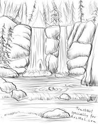 Black And White Drawings Of Nature Easy How To Draw A Waterfall Step By Step Waterfall Drawing Nature Drawing Landscape Drawings
