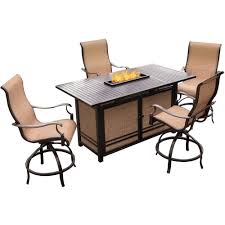 Showing results for patio furniture fire pit sets. Hanover 5 Piece Aluminum Outdoor High Dining Set With Rectangular Slatted Top Firepit Table And Contoured Sling Swivel Chairs Mondn5pcfp Br The Home Depot