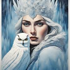 Snow Queen together with her white owl blend into the ice, painted in  watercolor