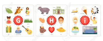 Tracing the uppercase and lowercase letter g in this printable worksheet. Educational Cards With Words And Pictures To The Letters G H I Children Alphabet Vector Illustration Royalty Free Cliparts Vectors And Stock Illustration Image 124305328