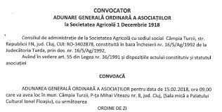 Majoritar.daca adunarea generală ordinară nu poate lucra,din cauza neîndeplinirii condiţiilor menţionate,adunarea ce se va întruni la a doua convocare poate să delibereze asupra punctelor de pe ordinea de zi a celei. Turdanews Convocator Adunare GeneralÄƒ A AsociaÈ›ilor La Societatea AgricolÄƒ 1 Decembrie 1918