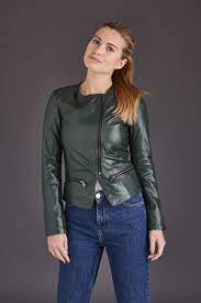 Soft Lamb Leather Biker Jacket In Green Asymmetrical Zip To The Front Vertical Zipped Pockets On Wai Leather Jackets Women Leather Jacket Green Leather Jackets
