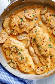 Creamy Garlic Parmesan Chicken Breasts With Mushrooms Chicken Dishes Recipes Braised Chicken Recipes Garlic Parmesan Chicken