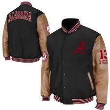 Alabama Crimson Tide Varsity Letterman Button Up Jacket Black Tan Varsity Letterman Jackets Letterman Jacket Varsity Jacket