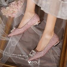We have unique lace wedding shoes, comfortable bridal sandals, bridesmaids shoes, mother of the bride shoes, silver high heels, gold shoes for wedding, white wedding flats, ivory satin shoes, personalized shoes. Charming Rose Gold Sequins Rhinestone Flat Wedding Shoes 2020 Low Heels Kitten Heels Pointed Toe Wedding