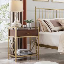 Mini nightstand bedside end table organizer wood storage white coffee tea shelf. Silver Orchid Beyers Gold Metal And Wood Night Stand Side Table On Sale Overstock 30269931 Brown