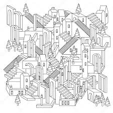 See our coloring pages collection below. Drawing Of A Non Existent Unreal City Maze With Houses Walls And Stairs Design In Puzzle Style Vector Zen Art Illustration Christmas City Scene With Buildings In Vector For Adult Coloring Pages Premium