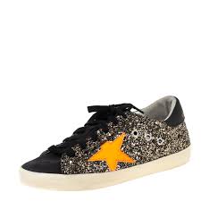 Golden Goose Black Neon Orange Glitter And Suede Superstar Lace Up Sneakers Size 36