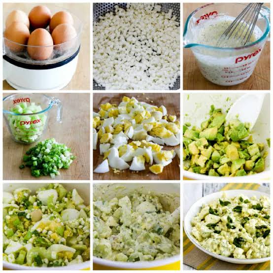 Visual steps for preparing a fresh avocado egg salad, AI generated