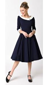 Black A Line Dress With Sleeves 1950s Navy Blue Ivory Three Quarter Sleeve Mistress Swing Dress Vintage Dress Blue Vintage Dresses 50s Vintage Dresses