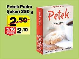 Petek 250 g pudra şeker en uygun fiyat seçeneği, 150 tl ve üzeri alışverişlerde ücretsiz kargo fırsatı ve daha birçok şeker, tuz, baharat ürünü a101'de! Petek Pudra Sekeri 250 G Indirimde Market