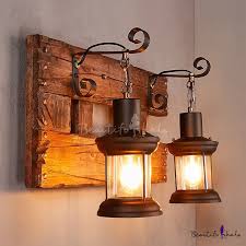 Wooden Base Sconce Light With Lantern 2 Lights Rustic Wall Light In Black For Bar Rustic Wall Lighting Farmhouse Wall Sconces Wall Lights