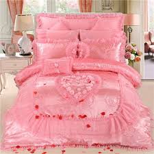 Floral peony romantic pink ivory. Sequin Pink Rose Embroidered Girls Princess Shabby Chic Lace Ruffle Wedding Themed Jacquard Satin Full Queen Size Bedding Sets Enjoybedding Com