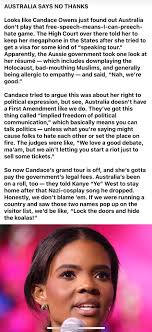 AUSTRALIA SAYS NO THANKS Looks like Candace Owens just found out Australia  play The High Court there some "speaking tour." Apparently, the Aussie took  one includes downplaying the Muslims, and generally empathy