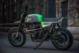 There's also a digital trip meter on the clocks, but the modern touches end there. Royal Enfield Continental Gt 650 Modified Cafe Racer To Supermoto