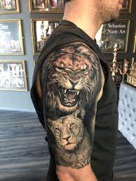 Lion Lioness Cover Up Tattoo By Basia Limited Availability At Redemption Tattoo Studio Lioness Tattoo Lion Tattoo Lion And Lioness Tattoo