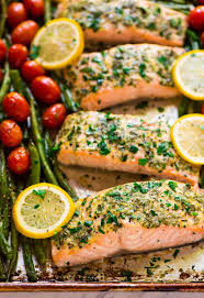 Easy Sheet Pan Baked Garlic Salmon With Lemon Butter And Veggies Healthy Ready In 30 Minutes And Baked Salmon Recipes Healthy Salmon Recipes Salmon Recipes