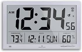 Amazon Com Marathon Slim Jumbo Atomic Wall Clock Silver Large 15 Inch Display Alarm Am Pm Or 24 Hour Time Eight Time Zones Indoor Temperature Humidity Four Aa Batteries Included Appliances
