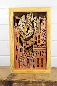 Vintage Dragon Castle 3d Layered Wood Art Picture Wall Hanging Hangs Framed Art Fantasy 3d Picture Layered Cutouts Silhouettes Wooden Cool Vintage Dragon Wood Art Lath Art