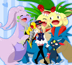 beedrill, exeggutor, flygon, goodra, salamence, serena (pokemon), sneasel,  creatures (company), game freak, nintendo, pokemon, pokemon xy, black  legwear, highres, 10s, 1girl, alternate costume, blonde hair, blue eyes,  blush, closed eyes, fangs, female