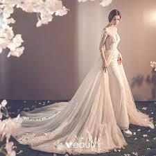 Check spelling or type a new query. Charmant Champagner Durchsichtige Brautkleider Hochzeitskleider 2019 Meerjungfrau Rundhalsausschnitt Lange Armel Ruckenfreies Applikationen Spitze Abnehmbar Kapelle Schleppe