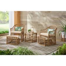 Even on smaller decks and patios, people often decide to use a patio conversation set instead of a dining table and chairs. Hampton Bay Long Beach 5 Piece Steel Outdoor Patio Conversation Seating Set With Beige Cushions Frs60699 St 1 The Home Depot