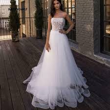2020 Beach Wedding Dress Pearls Strapless White Ivory Tulle A Line Bridal Gown Ebay In 2020 Wedding Dresses A Line Bridal Gowns Wedding Dresses Strapless