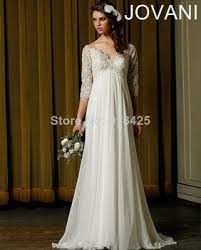 Free Shipping Modest Beaded Lace 3 4 Sleeve Empire Chiffon Wedding Dresses Beach Maternity M Pregnant Wedding Dress Empire Wedding Dress Trendy Wedding Dresses