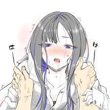 yorha oekaki, commander (nikke), eunhwa (nikke), goddess of victory: nikke,  arm grab, highres, 1boy, 1girl, asymmetrical bangs, black hair, blush,  collarbone, collared shirt, colored inner hair, drooling, fever, hat, long  hair, looking
