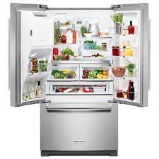 Maybe you would like to learn more about one of these? Kitchenaid 27 Cu Ft French Door Refrigerator In Printshield Stainless With Exterior Ice And Water Krff507hps The Home Depot