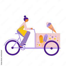 Girl riding bike with ice cream cart. Woman sells snacks from bicycle. Flat  vector illustration Stock Vector | Adobe Stock