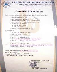 Informasi lowongan kerja bumn juni 2021, lowongan kerja cpns 2021, bank, pegadaian, pertamina, bpjs, kesehatan, smp, sma, smk lowongankerja15.com, batas usia pelamar sscasn cpns, pppk guru, pppk non guru tahun 2021 pada penerimaan calon pegawai negeri. Lowongan Kerja P T Mulia Jaya Sejahtera Abadi Textile Berat Badan Kartu Kerja
