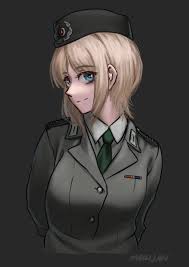Rule 34 Dev - 1girl absurdres blonde_hair blue_eyes buttoned_up_jacket  collared_shirt compass east_germany east_germany_military_uniform  epaulettes grey_background hammer hat highres laurel_wreath  looking_to_the_side mardjan military military_hat ...
