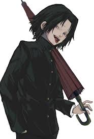 feitan portor, hunter x hunter, highres, 1boy, black hair, blue eyes,  carrying over shoulder, closed umbrella, eclipse662, gakuran, half-closed  eyes, holding, holding umbrella, looking at viewer, male focus, oil-paper  umbrella, open mouth,