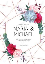 The white and navy blue anemones tied the look together, complimenting the burgundy red and navy blue wedding decor and stationery. Floral Geometric Vector Design Frame Burgundy Red Peony Pink Rose Blue Echeveria Succulent Eucalyptus And Emerald Greenery Wedding Flowers Gold Line Banner All Elements Are Isolated And Editable Stock Photo Picture And Royalty